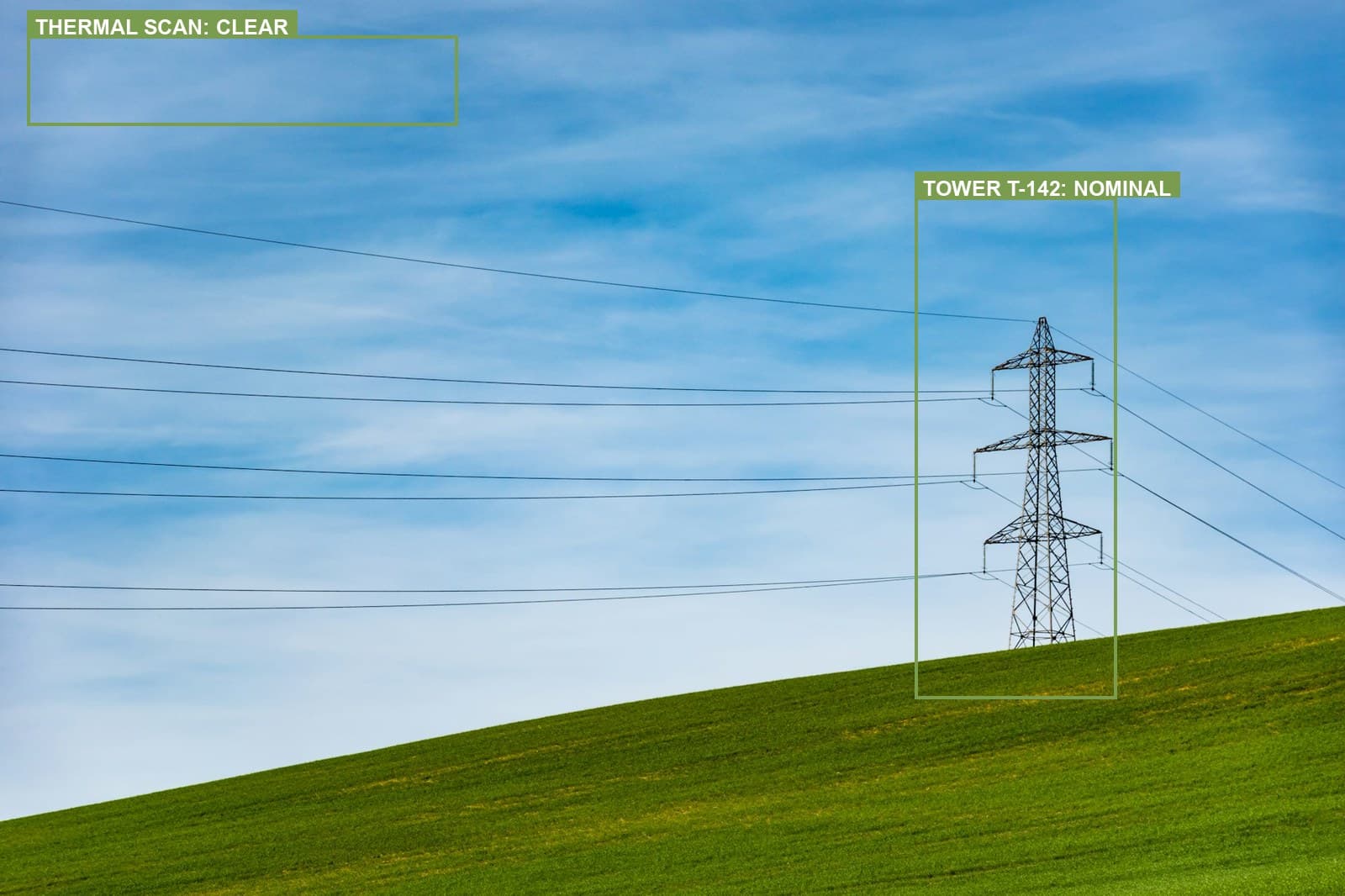 Transmission tower annotated with a nominal thermal-scan status