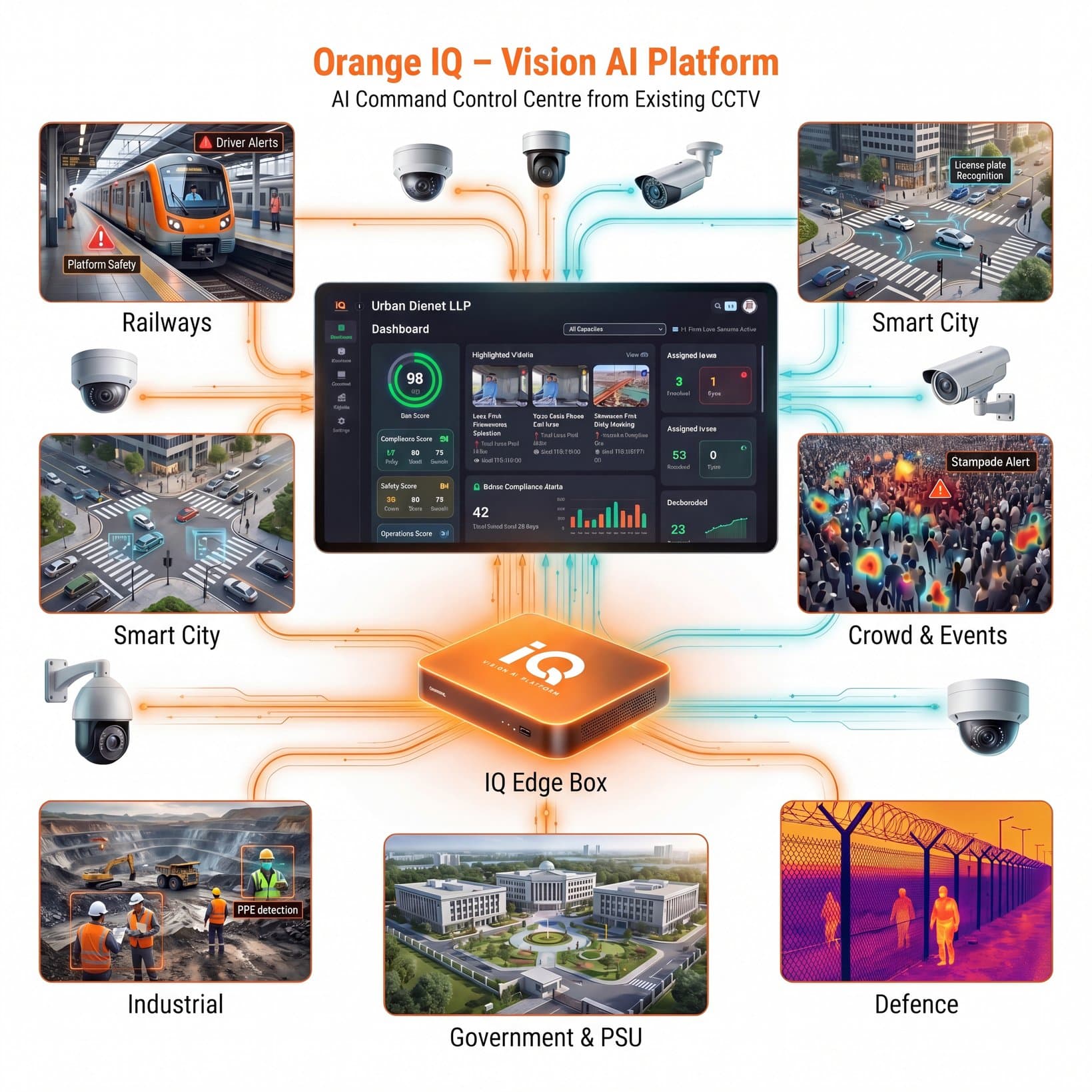 Orange IQ Vision AI platform connecting CCTV cameras to an edge box and command dashboard