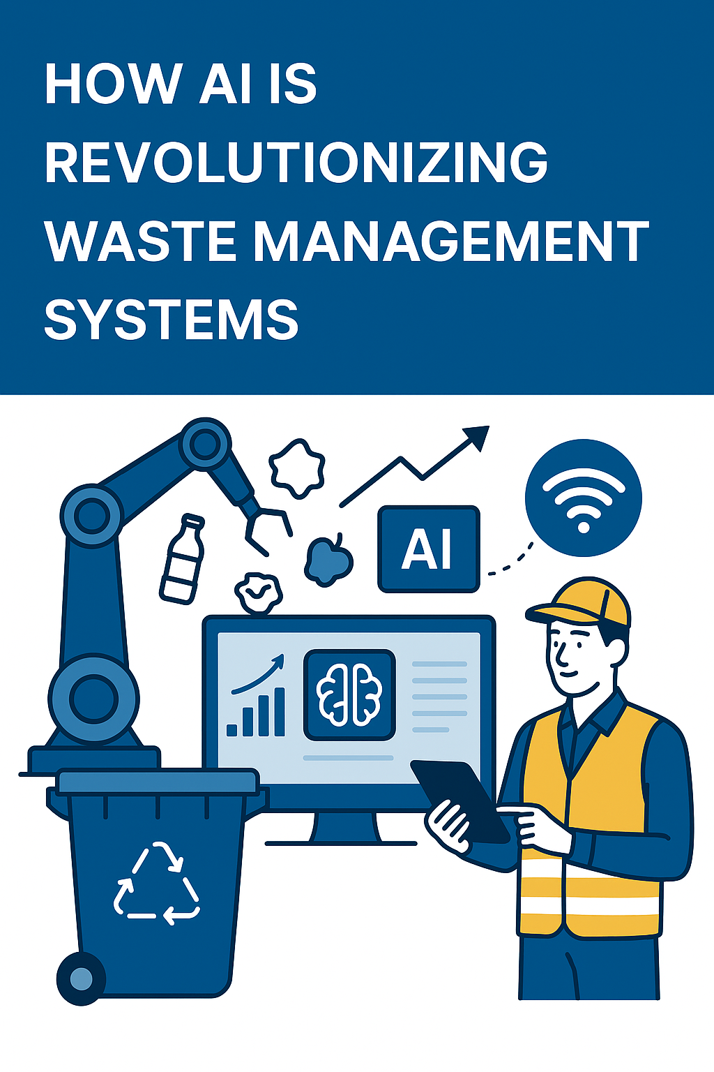 Illustration of AI-powered robotic systems sorting waste in a smart city environment, representing UrbanDienst's sustainable waste management solutions