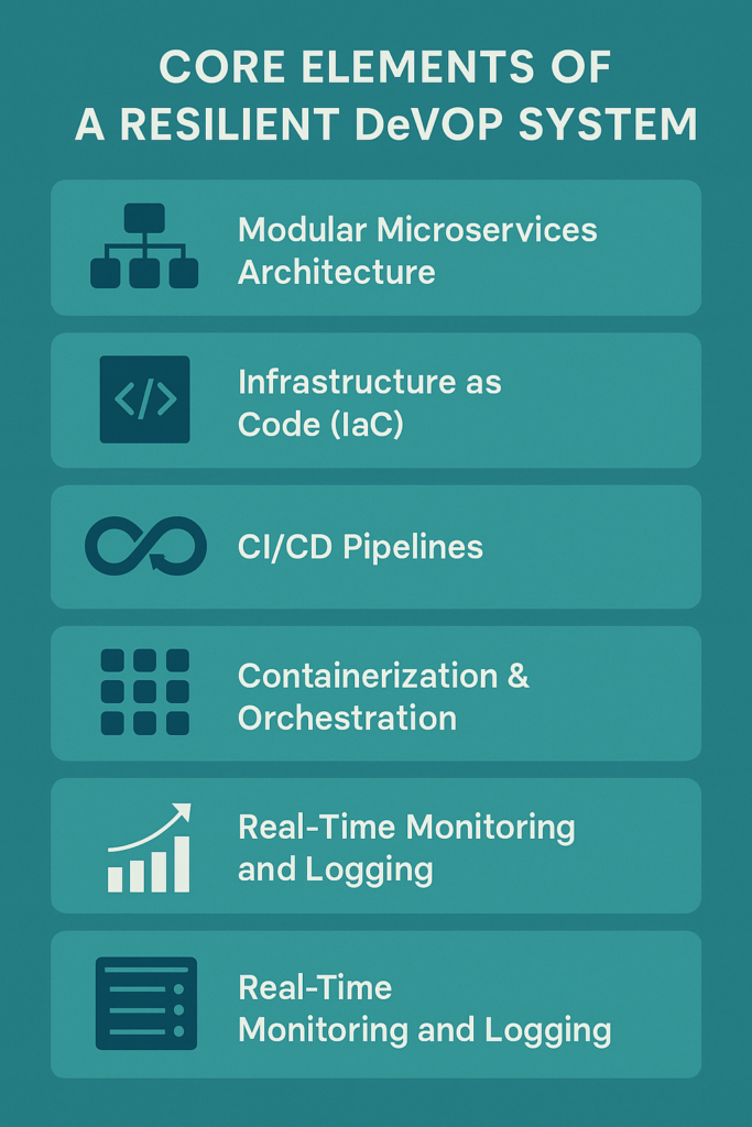 Infographic illustrating five core components of a resilient DevOps system for clean energy startups, including microservices architecture, infrastructure as code, CI/CD pipelines, containerization, and real-time monitoring.