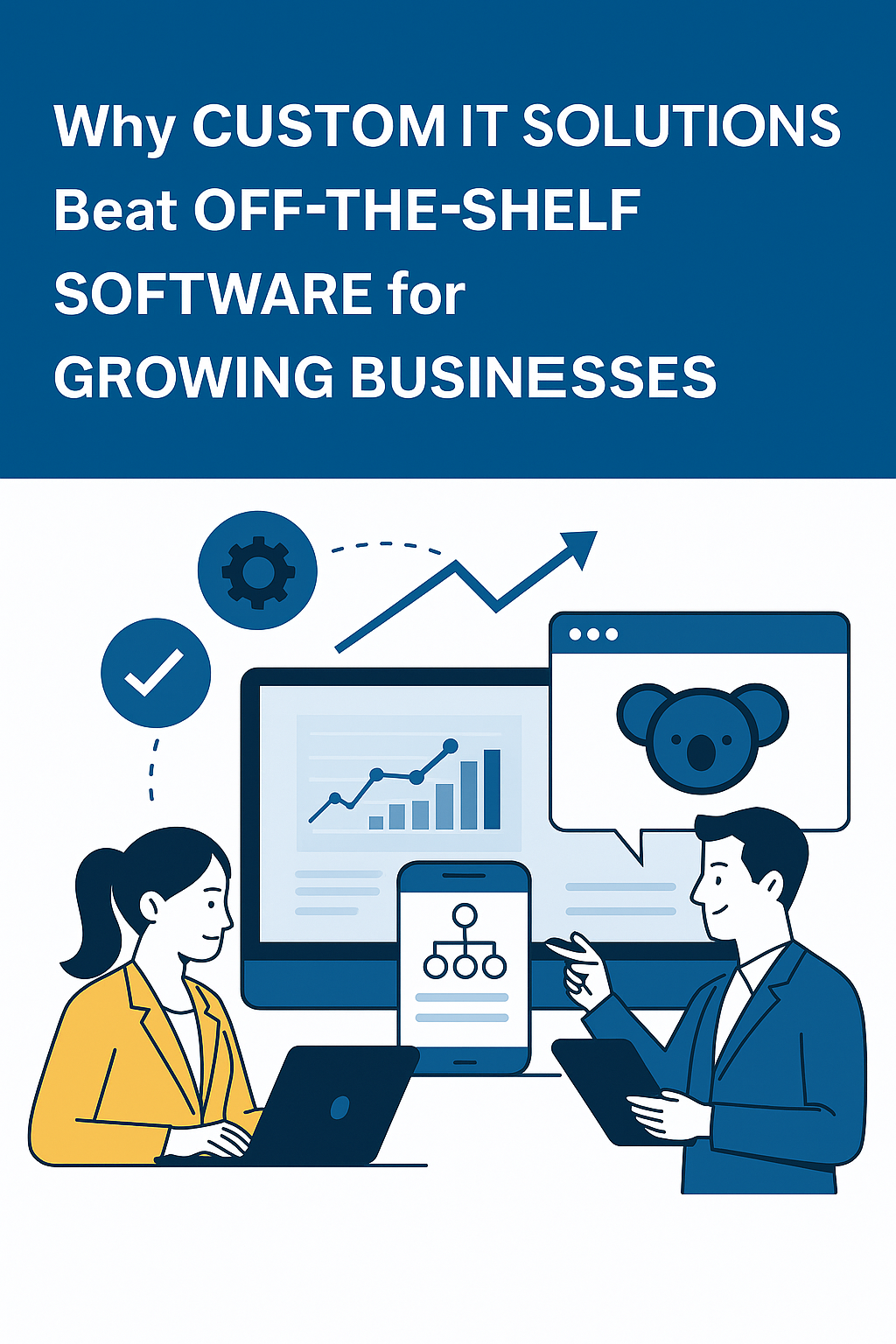 "Illustration comparing custom IT solutions and off-the-shelf software for growing businesses, with professionals discussing business analytics and custom software benefits.