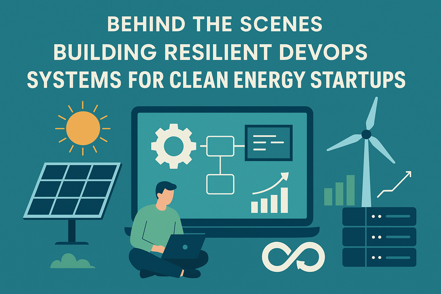 Illustration of DevOps systems powering clean energy startups with solar panel, wind turbine, server stack, and a developer working on a laptop