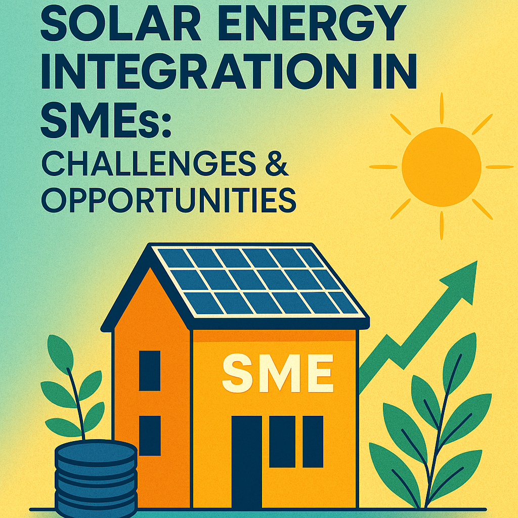 Illustration of a small business building with rooftop solar panels, surrounded by trees and coins, symbolizing sustainable energy adoption for SMEs.