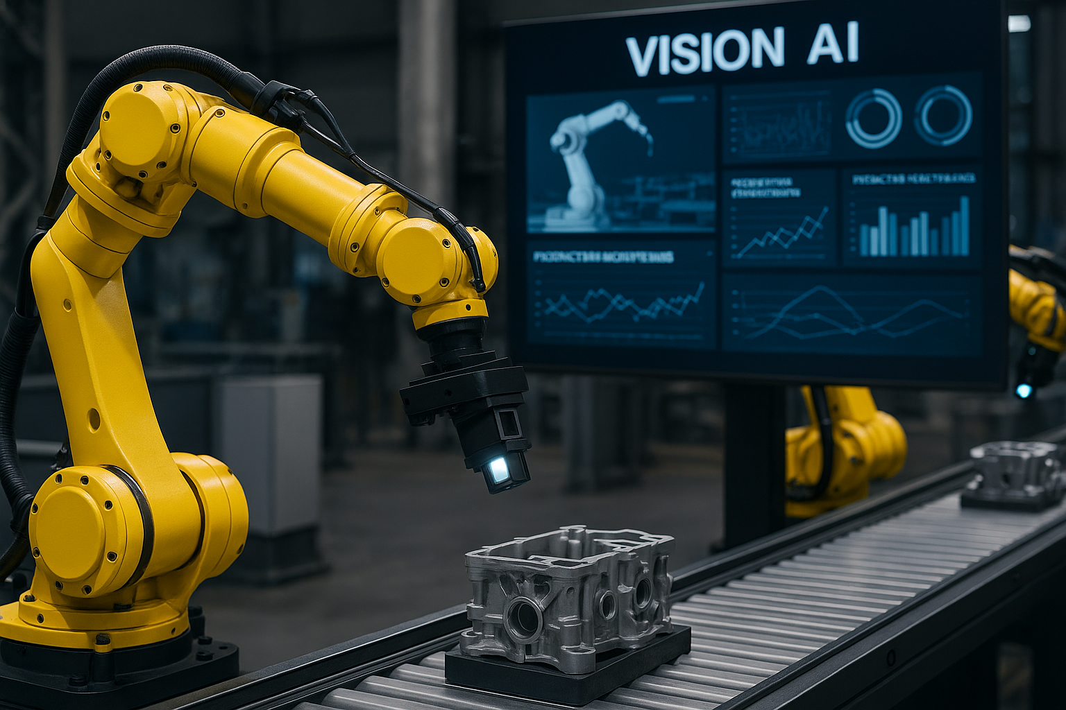 Digital infographic showing Vision AI reducing electronics manufacturing defects by 48% in one quarter