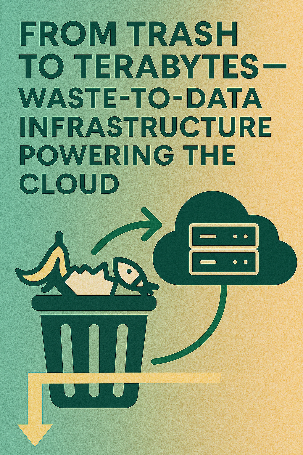 Illustration of a futuristic waste-to-energy data center where trash is converted to electricity powering cloud servers, symbolizing a circular economy