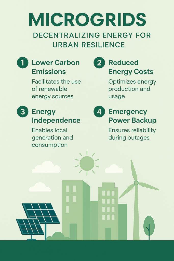 Infographic highlighting the benefits of microgrids including lower emissions, energy independence, cost savings, and backup power for urban resilience