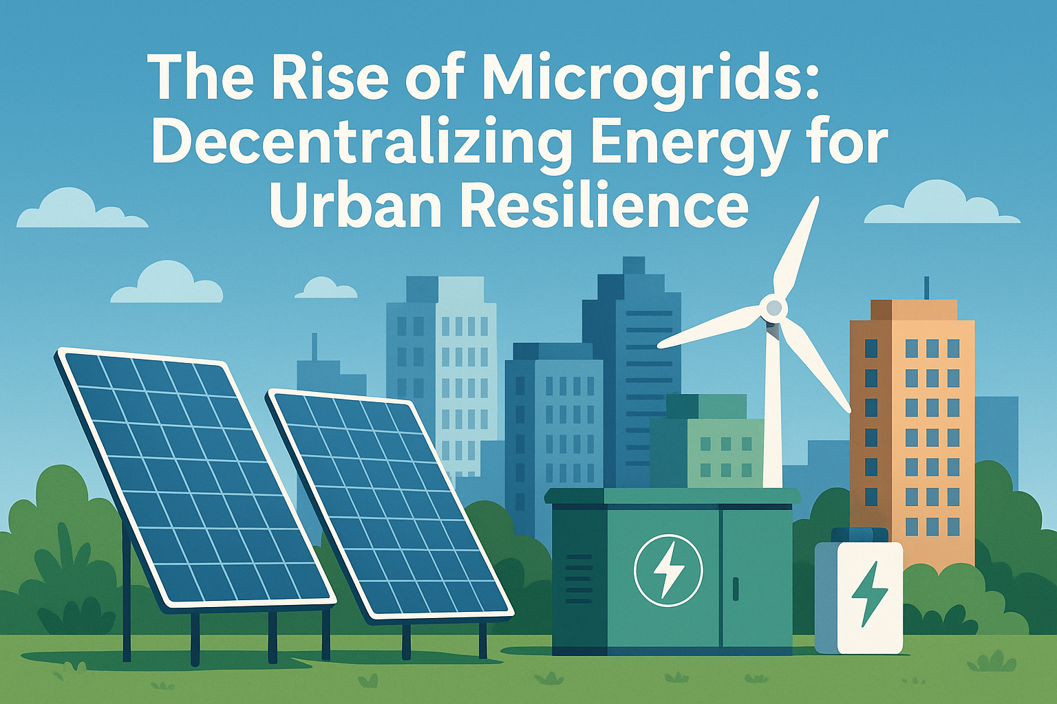 Illustration of a sustainable city powered by microgrids with solar panels, wind turbine, and smart energy storage units