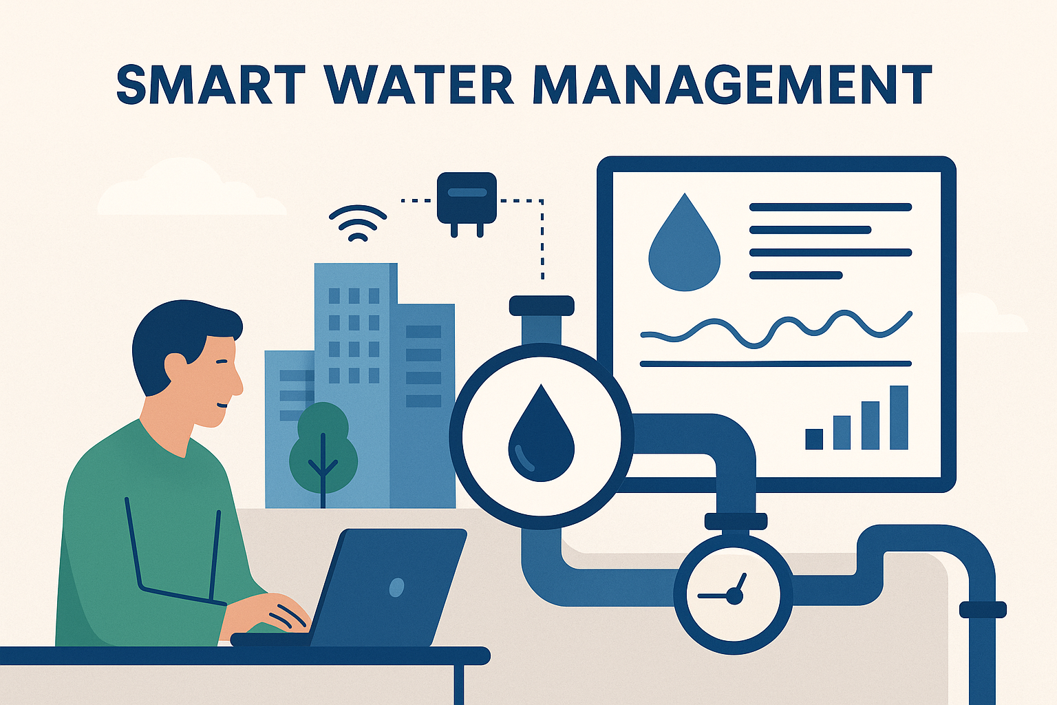 Illustration of smart water management using IoT and AI to solve urban water scarcity with digital dashboards, smart meters, and city infrastructure
