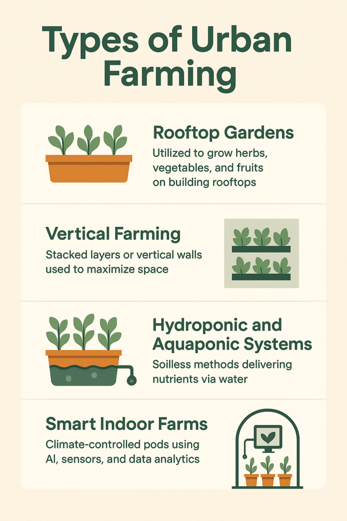 Infographic showing types of urban farming: rooftop gardens, vertical farming, hydroponics and aquaponics, and smart indoor farms with icons and brief descriptions.