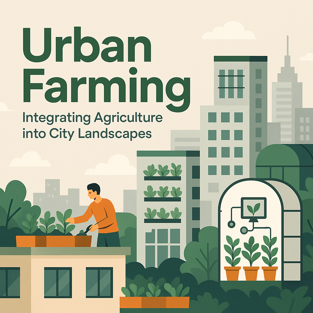 Illustration of urban farming in a city, featuring rooftop gardens, vertical farms, and a smart indoor greenhouse with AI-based monitoring.